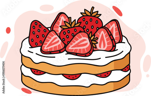 Strawberry Shortcake Illustration, Sweet Fruit Layer Cake with Whipped Cream, Flat Vector Food Design for Bakery Menu and Dessert Cafe Marketing