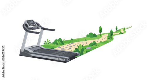 Flat illustration features a treadmill machine transitioning into a stone path through a green landscape emphasizing movement and nature for fitness goals.