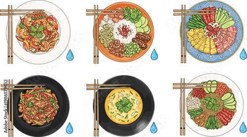 Asian Cuisine Meal Plate Illustration Set with Noodles Rice Soup and Mixed Dishes Showing Fresh Ingredients and Balanced Food Presentation for Restaurant Menu Design Collection