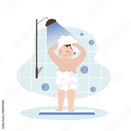 Cute Boy take a shower. Naked child bathing in foam in the shower. Good habit. Children daily routine hygiene procedures