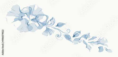 Delicate Blue Floral Swirl Illustration with Ginko Leaves and Organic Forms on a White Background