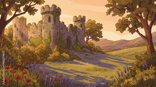 Old castle ruin with towers standing.