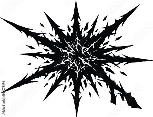 Abstract black and white explosion burst with sharp jagged spikes radiating outward, a powerful dynamic graphic element representing impact, energy, or destruction