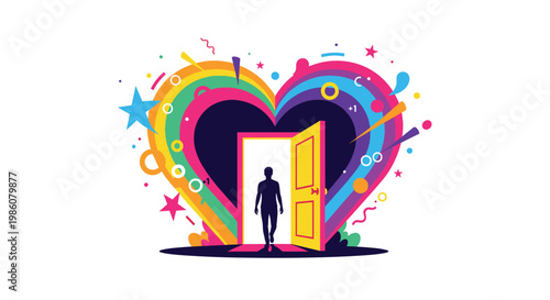 A dark silhouette of a person walks through an open door framed by a vibrant, multi-colored heart shape in a festive studio setting featuring bold light.