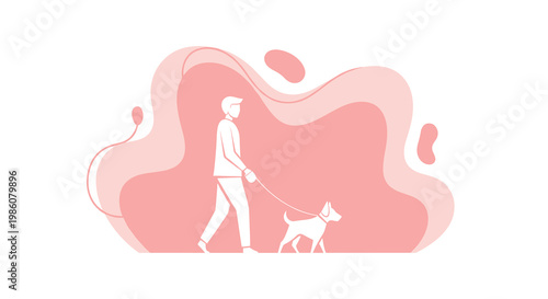 A gentle silhouette of a person walking a dog is framed by a soft pink organic liquid shape against a clean and bright white studio background environment.