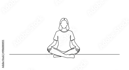A minimalist black and white line drawing captures a person sitting cross-legged in a peaceful meditative pose on a completely clean white background area.