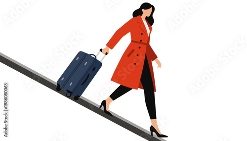Woman with suitcase walking confidently down stairs in modern style on a transparent background