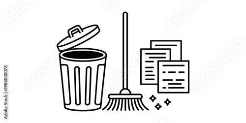 Black and white line of a trash can broom and papers cleaning dustpan in white background