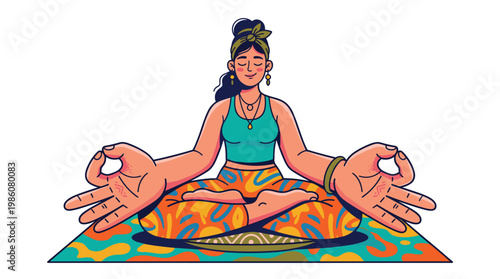 An intricate illustration depicts a woman in a lotus pose wearing patterned clothing with large hands resting on a colorful mat against a white background.