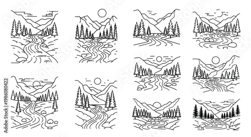 Line art collection depicting mountainous landscapes with rivers and forests