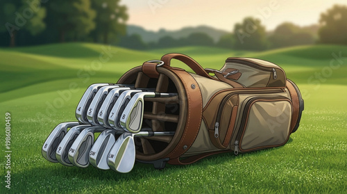 Golf bag with clubs on green.