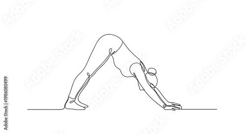 Continuous single-line drawing of a person in a downward dog yoga pose executed with smooth unbroken black strokes on a pristine white studio backdrop.