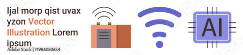 Wireless technology, AI development, data sharing, signal transmission, connectivity, digital transformation. Visual elements include a radio, wireless symbol and AI chip. Wireless technology and AI