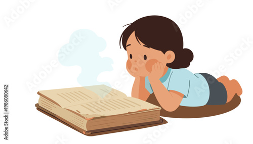 Child pondering over old book, curious and thoughtful, with magical dust effects on a transparent background