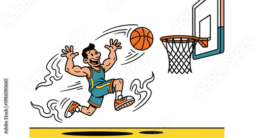 Cartoon illustration of a happy male basketball player performing a dynamic slam dunk.