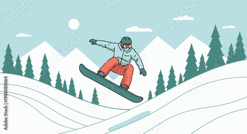 An illustrated scene of a snowboarder in mid-air, performing a jump over snowy hills with pine trees and mountains in the background under a clear sky.