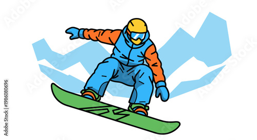 A cartoon illustration of a person snowboarding down a snowy mountain with stylized blue peaks in the background, wearing a blue and orange snowsuit, yellow helmet, and goggles.