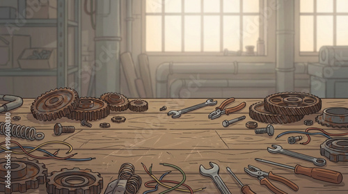 Variety of tools on wooden table.