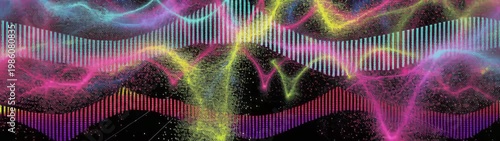 Digital sound wave displaying music visualization featuring glowing sonic lines and particles. Representing data stream and technology.