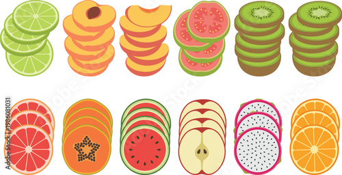 Colorful Fruit Slice Vector Set with Stacked Citrus, Apple, Kiwi, Watermelon, Papaya, Dragon Fruit, and Apricot for Fresh Food Design and Healthy Lifestyle