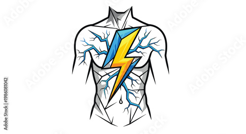 Human torso outline features a central jagged yellow lightning bolt with blue vein-like electrical discharges in a stark white environment with intensity.