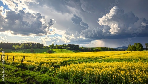 A serene landscape of a vast field of yellow flowers under a stormy sky