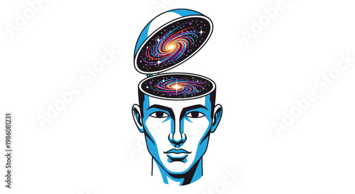 Anatomical human cranium opens wide to reveal a swirling colorful cosmic galaxy inside a minimalist studio setting with bright high contrast lighting.