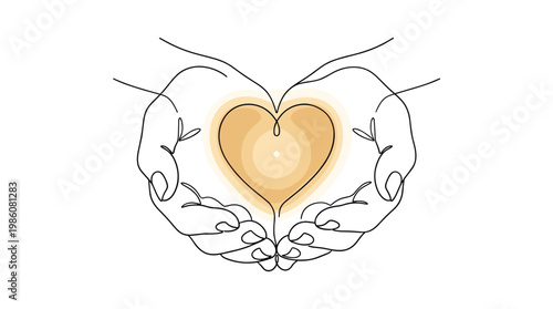 A continuous line drawing of two hands gently cupping a soft glowing warm toned heart shape against a pristine white studio background environment.