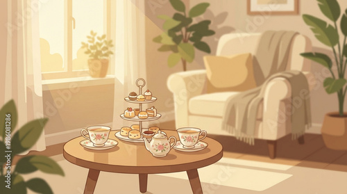 Tea cups on wooden coffee table.