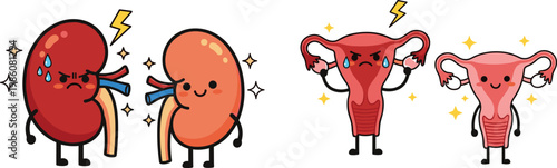 Human Organs Cartoon Character Set with Kidneys and Uterus Showing Healthy and Pain Expressions for Medical Healthcare Illustration and Anatomy Education Design Collection
