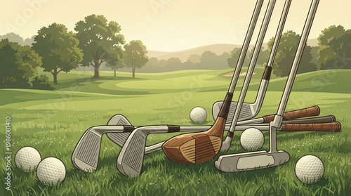 Golf Clubs and Balls on Grass.