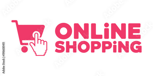 Pink shopping cart with cursor and online shopping text e-commerce retail buying in white background