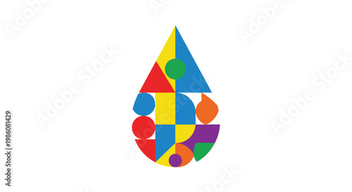 A water drop shape filled with a mosaic of various colorful geometric circles and triangles rests against a neutral white studio background environment.