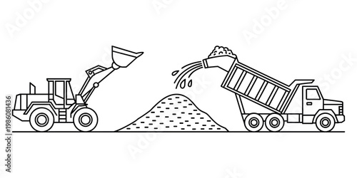 Line of a front loader scooping dirt next to a dump truck unloading gravel construction vehicle machinery