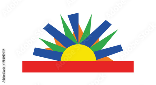 A stylized sunrise features sharp angular multi-colored geometric rays emerging from a solid red base bar against a pristine white studio background.