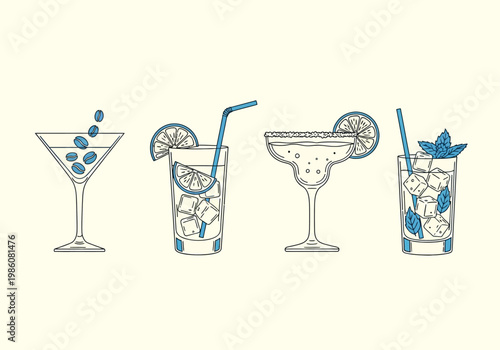 Set of Four Minimalist Blue Cocktail Line Art Illustrations - Martini, Margarita, Gin and Tonic, and Mojito Icons for Bar Menu and Graphic Design