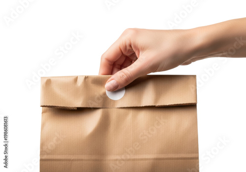 Extreme macro close-up of a caucasian woman's slender hand holding a crumpled, eco-friendly brown kraft paper takeaway bag, sealed with a white sticker, against a transparent background. Concept