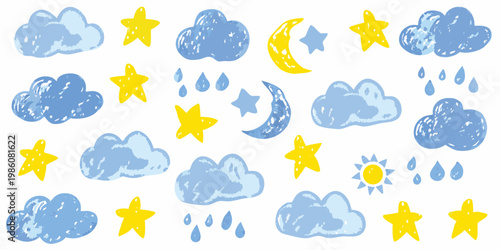 Childlike drawing of clouds stars moon and sun with raindrops