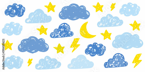 Colorful hand drawn illustration of clouds stars moon and lightning bolts
