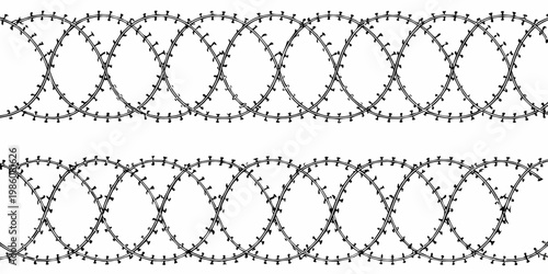 Black and white illustration of coiled barbed wire repeating pattern