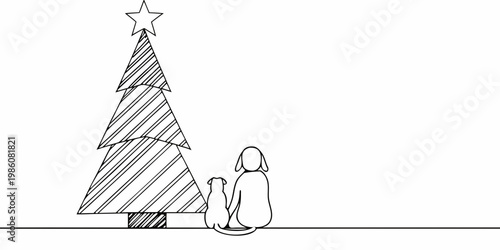 A minimalist sketch depicts a christmas tree with a dog and person