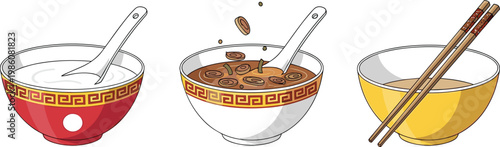 Ramen Bowl Preparation Illustration Set with Empty Bowl Soup Base and Finished Noodle Dish Showing Cooking Process for Japanese Cuisine and Restaurant Menu Design Collection