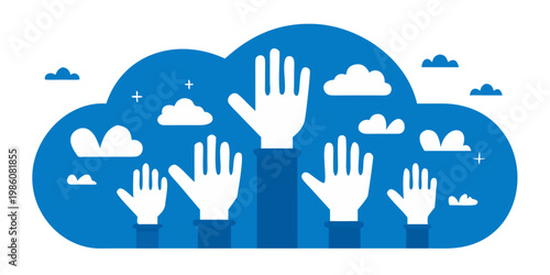 Hands reaching up towards a blue cloudscape symbolizing hope