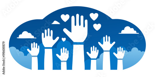 Hands reaching up towards hearts and clouds in a blue illustration