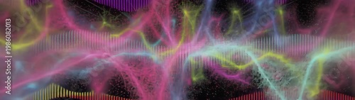 Digital sound wave displaying music visualization featuring glowing sonic lines and particles. Representing data stream and technology.