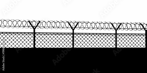 Black and white silhouette of a chain link fence with barbed wire