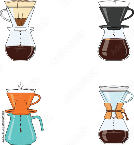 Coffee Drip Brewing Equipment Illustration Set with Different Pour Over Methods and Glass Carafe Makers for Barista Cafe and Beverage Preparation Design Collection