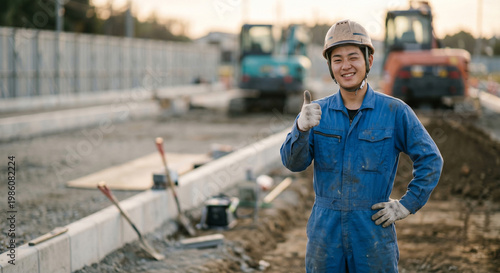 建設現場で親指を立てて笑顔を見せる男性作業員、建設業界の採用や求人のイメージ