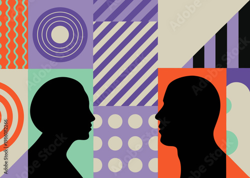 Abstract geometric composition featuring silhouettes of two facing heads