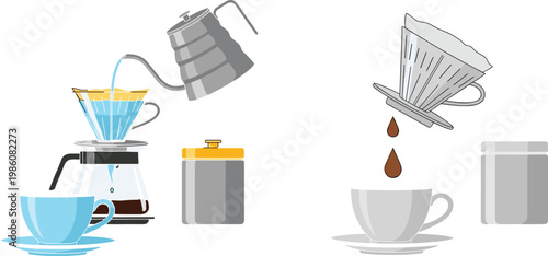 Pour Over Coffee Brewing Process Illustration Set with Kettle Filter Dripper and Cup Showing Step by Step Preparation for Barista Cafe and Beverage Design Collection